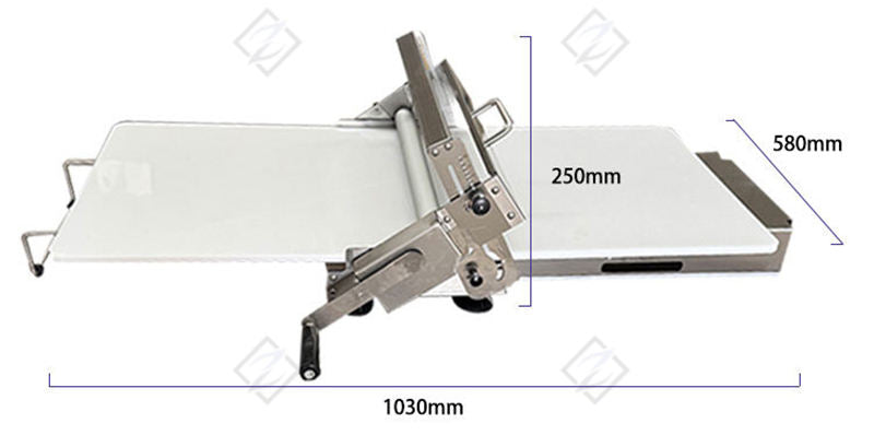 ZJ-300 manual dough sheeter showing adjustable roller gap lever and side crank handle