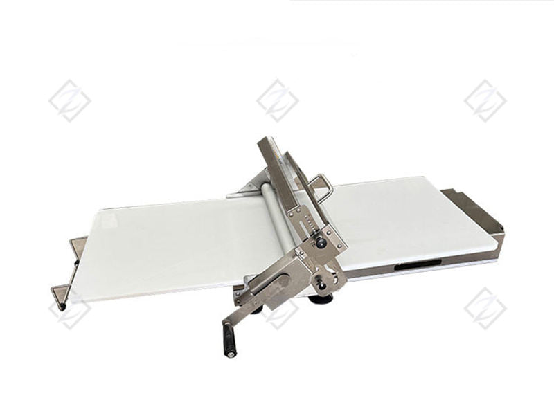 Front view of ZJ-300 tabletop dough sheeter with roller assembly and wide dough feed table