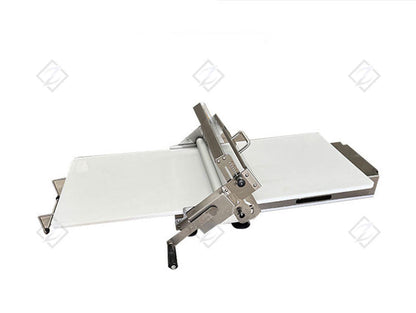 Front view of ZJ-300 tabletop dough sheeter with roller assembly and wide dough feed table